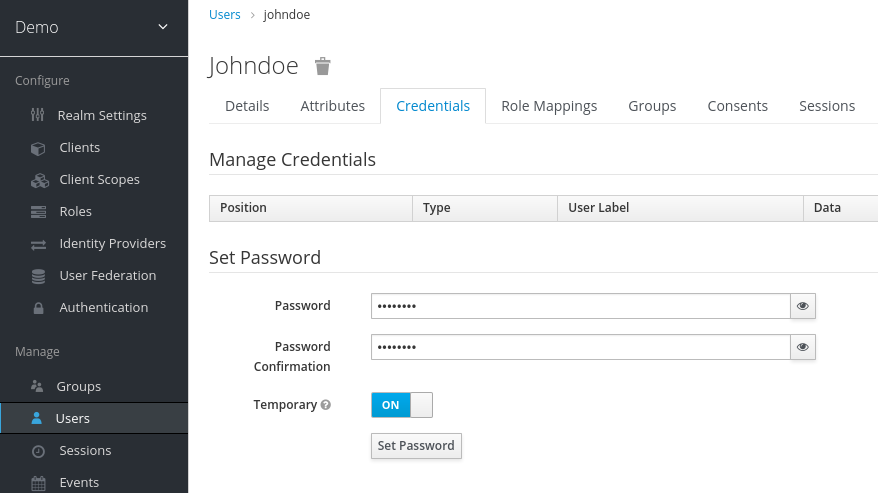 Manage Credentials page