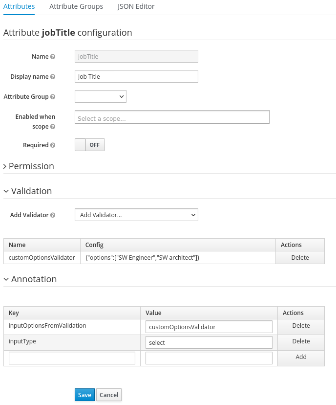 user profile select options custom validator